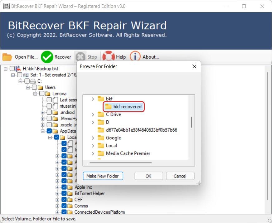 select destination path for bkf eplorer