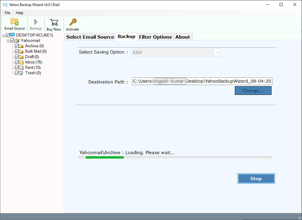 click next to export imap to csv file