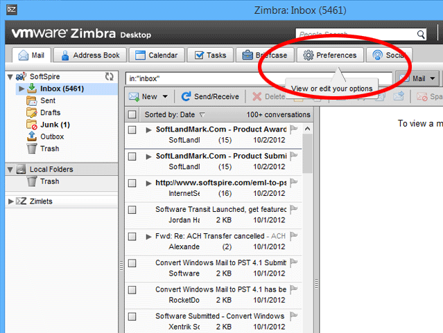 open zimbra to export tgz